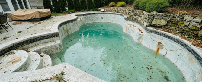 pool renovation St. Louis aging backyard pool with cracks stains and surface damage