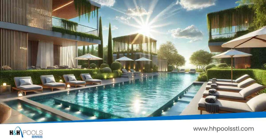 Outdoor living space renovations Luxury modern outdoor living space featuring a large rectangular pool surrounded by lounge chairs, umbrellas, and lush greenery at sunset.