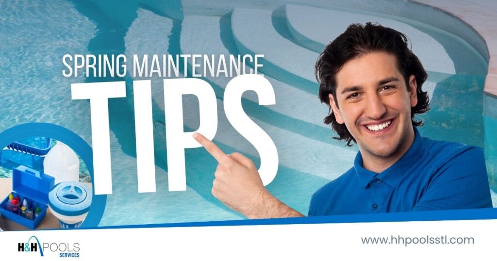 Man in blue polo smiling and pointing at large “Spring Maintenance Tips” text, with pool steps and water care products in the background.