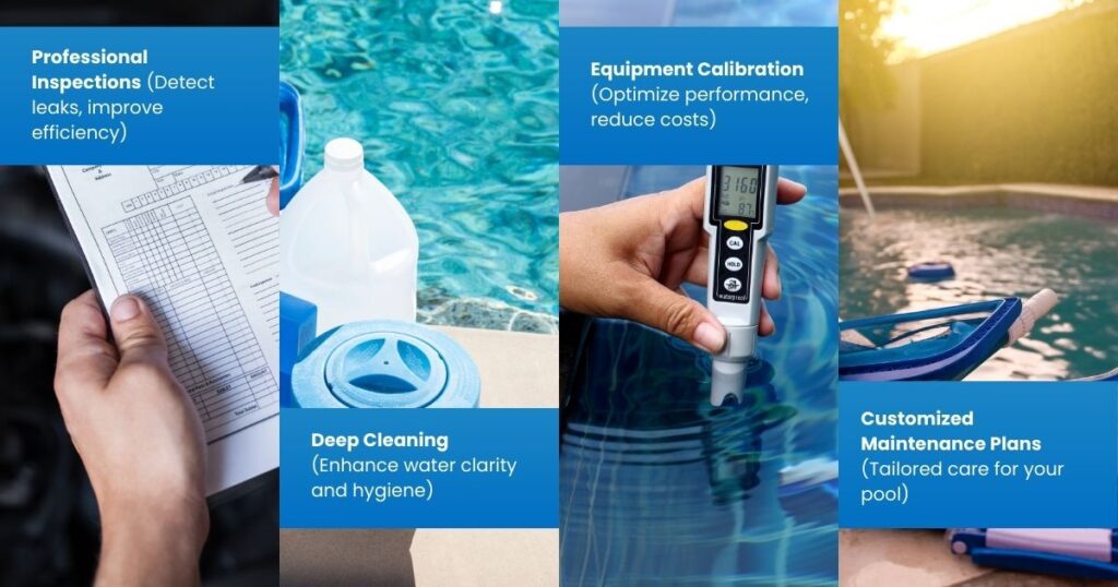 Core Pool Maintenance Services – H&H Pools Four-part visual showing pool maintenance services: professional inspections, deep cleaning, equipment calibration, and customized maintenance plans.