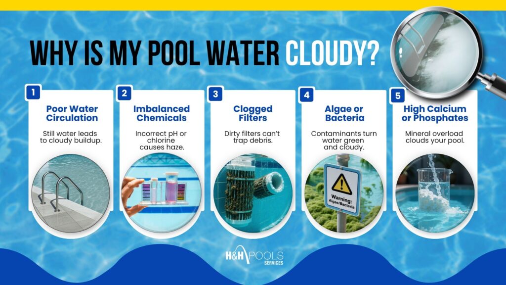 H&H_June 2025_blog 1_Common Causes of Cloudy Pool Water Infographic titled “Why Is My Pool Water Cloudy?” showing five common causes: poor water circulation, imbalanced chemicals, clogged filters, algae or bacteria, and high calcium or phosphates. Each cause is illustrated with a photo and brief explanation over a pool water background, branded with H&H Pools Services.