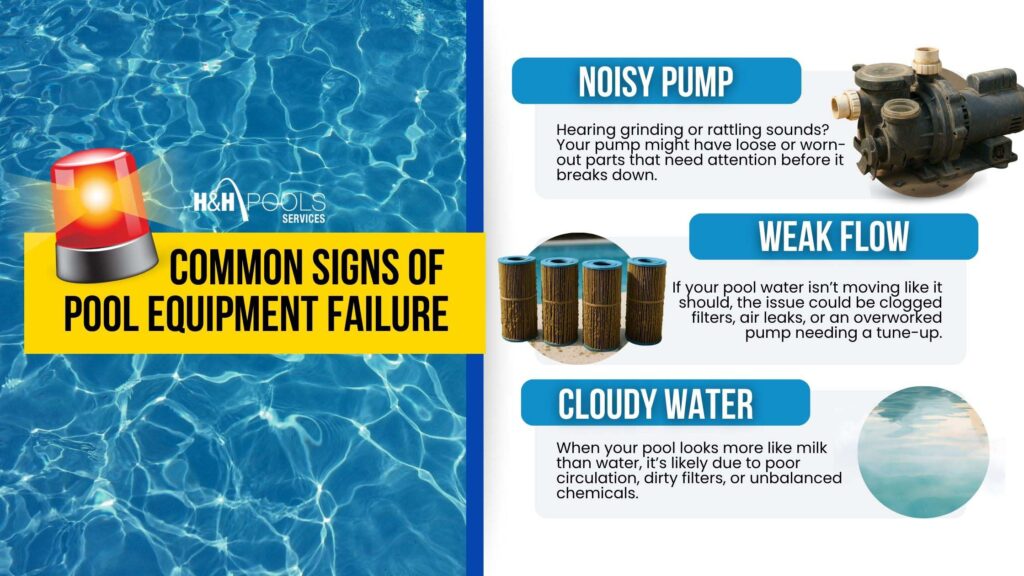Visual guide showing common signs of pool equipment failure, including noisy pumps, clogged filters causing weak flow, and cloudy water from poor circulation or chemical imbalance.