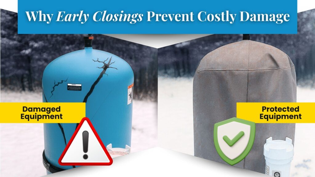 H&H_August 2025_Blog1_graphic2_Why Early Closings Prevent Costly Damage (1) Side-by-side comparison of pool equipment showing freeze-damaged tank versus properly winterized and covered equipment.