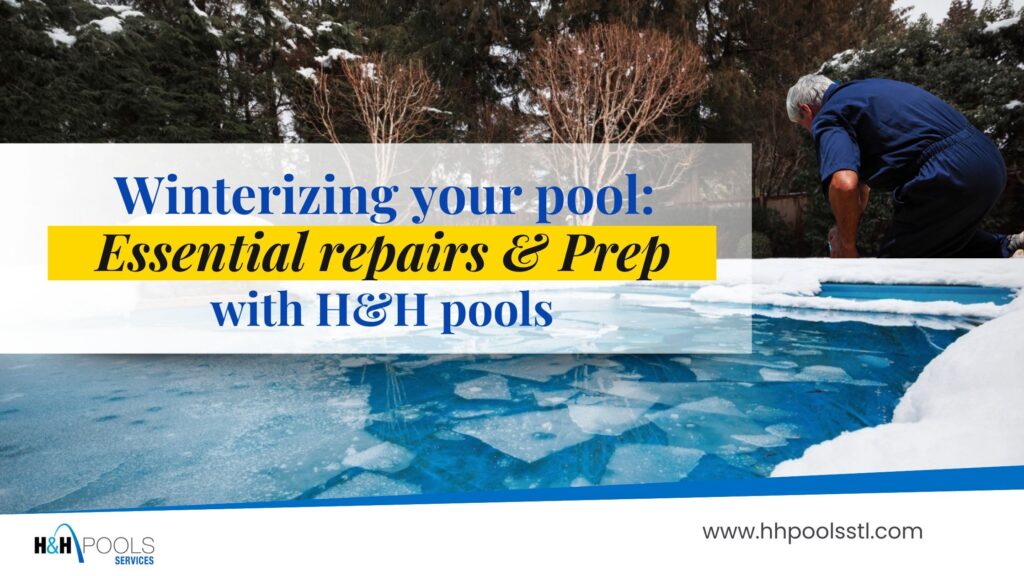 H&H_featured image_Winterizing your pool Essential repairs & prep with H&H pools A man in winter clothing inspects a frozen outdoor swimming pool surrounded by snow. Overlaid text reads: “Winterizing your pool: Essential repairs & Prep with H&H Pools.” Trees without leaves are visible in the background, indicating a cold-season setting.