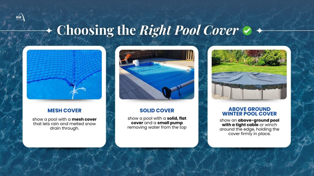 Choosing the Right Pool Cover Comparison of mesh, solid, and above-ground winter pool covers showing how each protects pools from rain, snow, and debris.