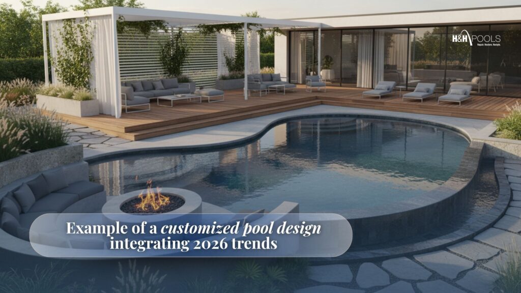 Customized Pool Design Ideas for 2026 Luxury customized swimming pool design featuring a curved pool layout, built-in seating area with fire pit, and modern outdoor lounge space, showcasing 2026 design trends.