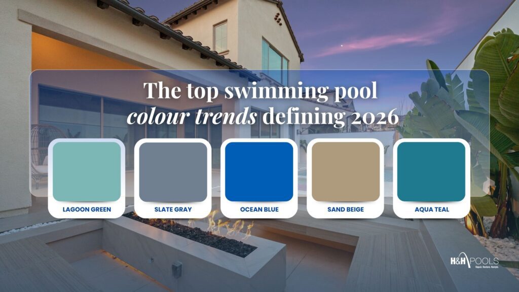 Top Swimming Pool Colour Trends for 2026 Infographic showcasing the top 2026 swimming pool colour trends, featuring lagoon green, slate gray, ocean blue, sand beige, and aqua teal over a modern backyard pool background.