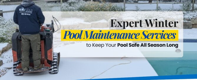 Technician performing winter pool maintenance on a snow-covered pool deck with H&H Pools branding.