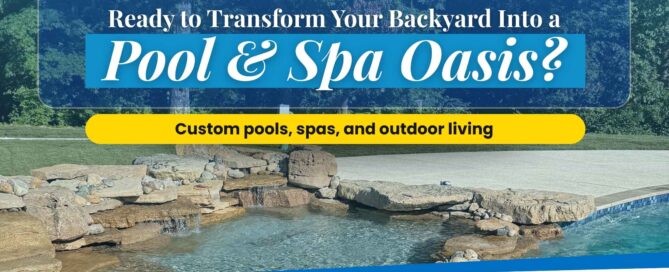 Backyard pool and spa with rock waterfall and patio, promoting custom outdoor living by H&H Pools
