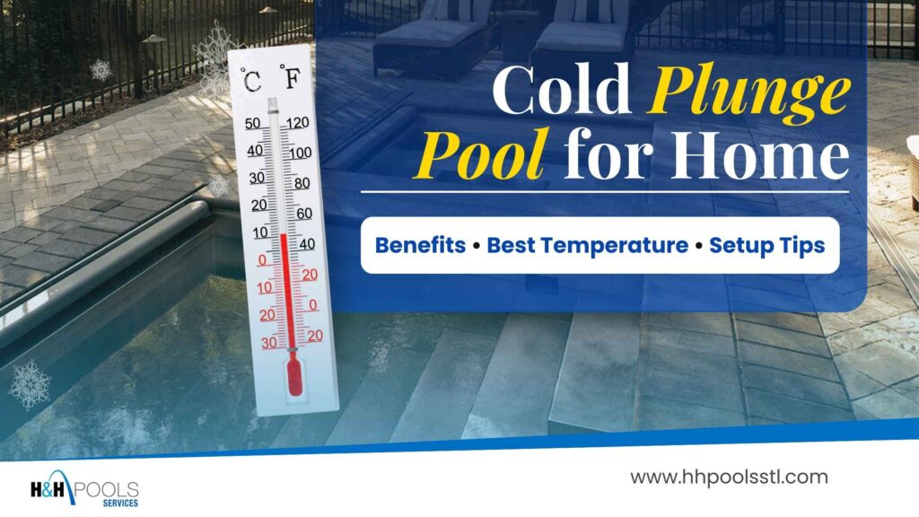 Cold plunge pool at home with patio spa and a thermometer graphic, plus text “Cold Plunge Pool for Home” and “Benefits • Best Temperature • Setup Tips.”