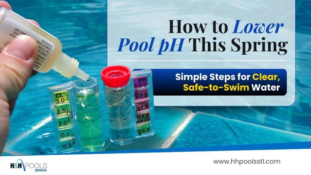 Testing pool water pH with a test kit and adding solution, with text about lowering pool pH for safe swimming