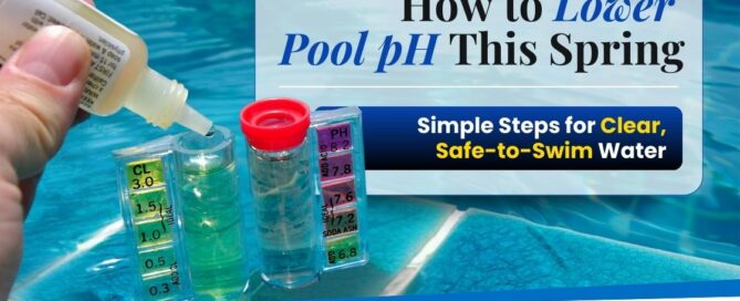 Testing pool water pH with a test kit and adding solution, with text about lowering pool pH for safe swimming