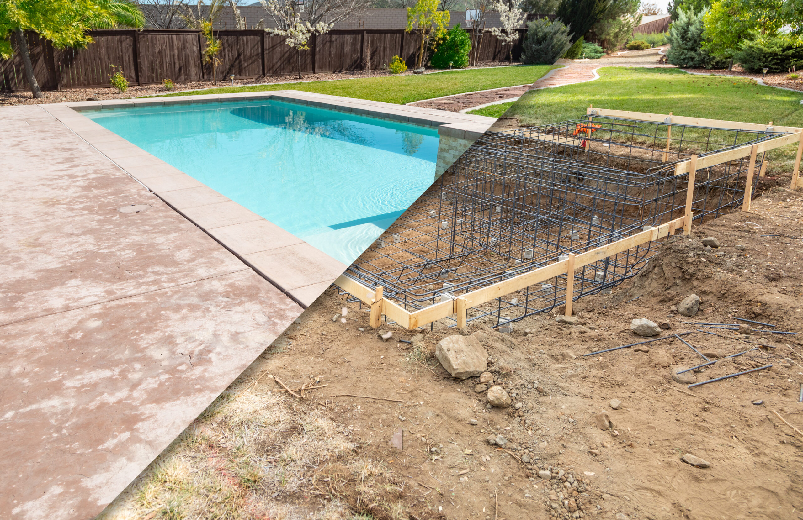 Inground Pool Construction Before and After Backyard pool construction before-and-after image showing a finished inground swimming pool beside a pool excavation site with rebar, framing, and dirt preparation.