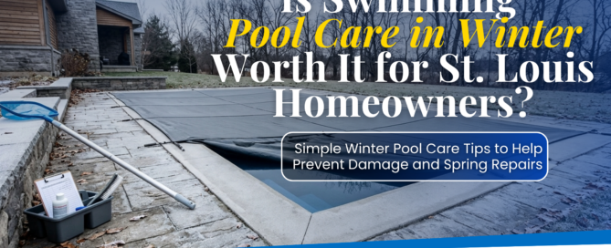Covered backyard swimming pool in winter with maintenance tools, promoting winter pool care tips for St. Louis homeowners.