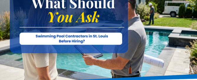 Pool contractor reviews plans with a homeowner beside a backyard pool, with text about hiring swimming pool contractors in St. Louis.