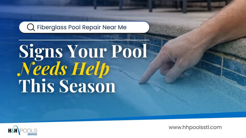 Featured image showing a hand pointing to a crack in a fiberglass pool with the headline “Signs Your Pool Needs Help This Season.”