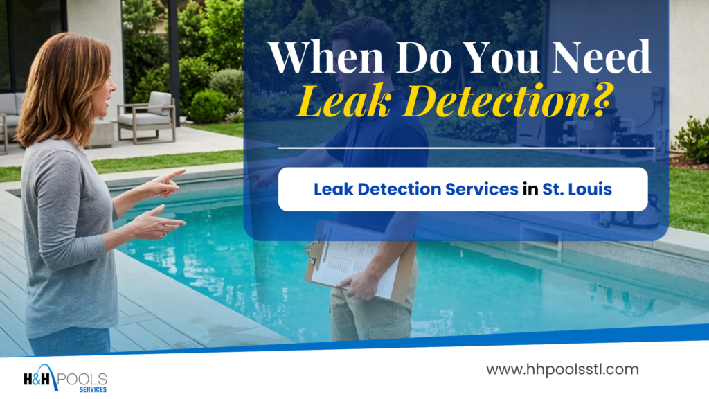 Homeowner talks with pool technician beside a backyard pool about leak detection services in St. Louis.