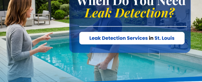 Homeowner talks with pool technician beside a backyard pool about leak detection services in St. Louis.