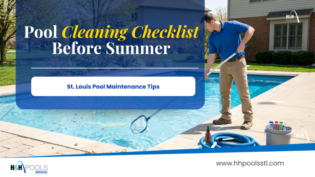 Pool technician skims debris from a backyard swimming pool as part of a summer cleaning checklist for St. Louis homeowners.