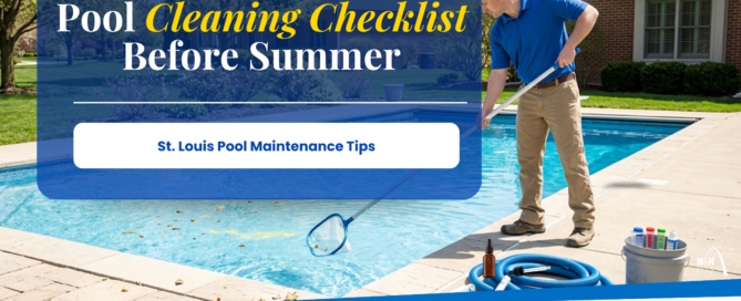 Pool technician skims debris from a backyard swimming pool as part of a summer cleaning checklist for St. Louis homeowners.