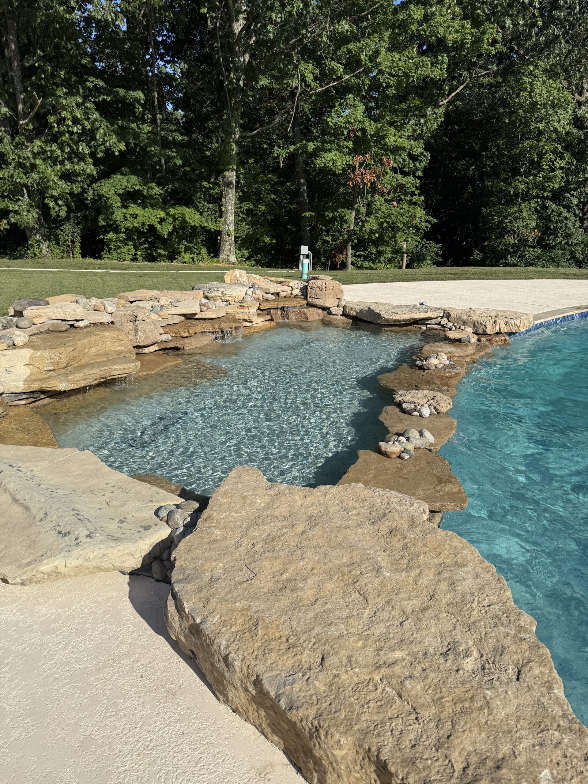 Custom Inground Pool With Natural Stone Waterfall Custom inground swimming pool with natural stone waterfall, shallow lounging area, large rock coping, clear blue water, and wooded backyard landscaping.