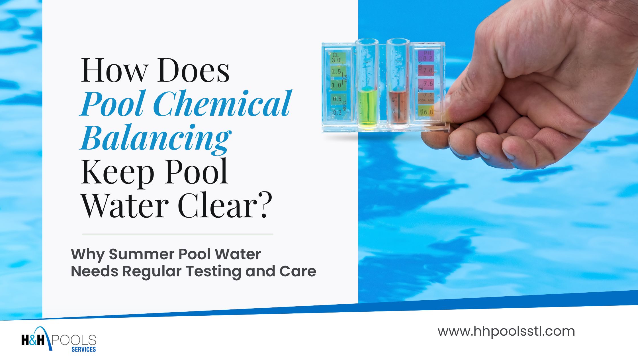 Hand holding a pool water testing kit over blue pool water with H&H Pools graphic about pool chemical balancing.