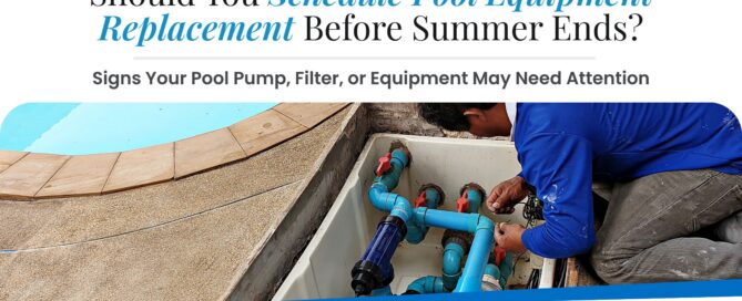 Pool technician working on pump, filter, and plumbing equipment beside a swimming pool.