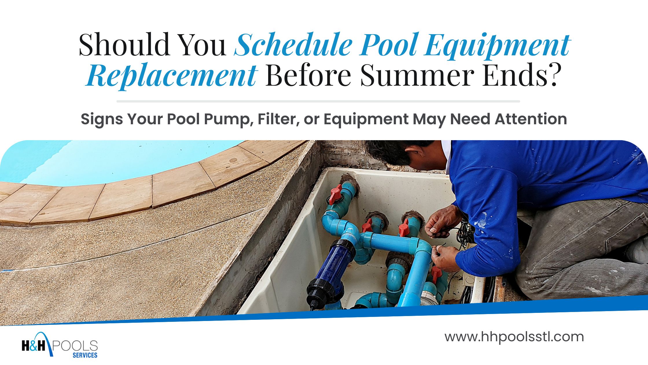 Pool technician working on pump, filter, and plumbing equipment beside a swimming pool.