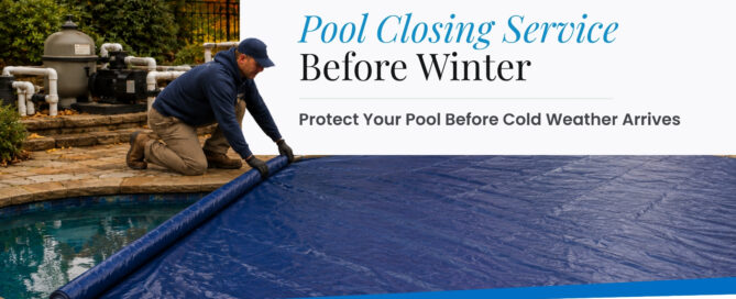 Pool closing service professional installing a winter pool cover before cold weather