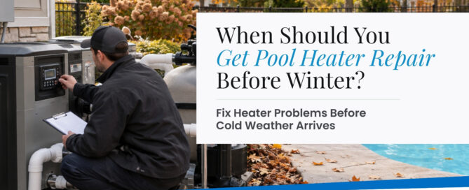 Pool technician inspecting a pool heater before winter weather