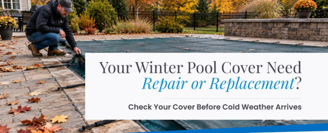 Pool professional inspecting a winter pool cover for repair or replacement before cold weather