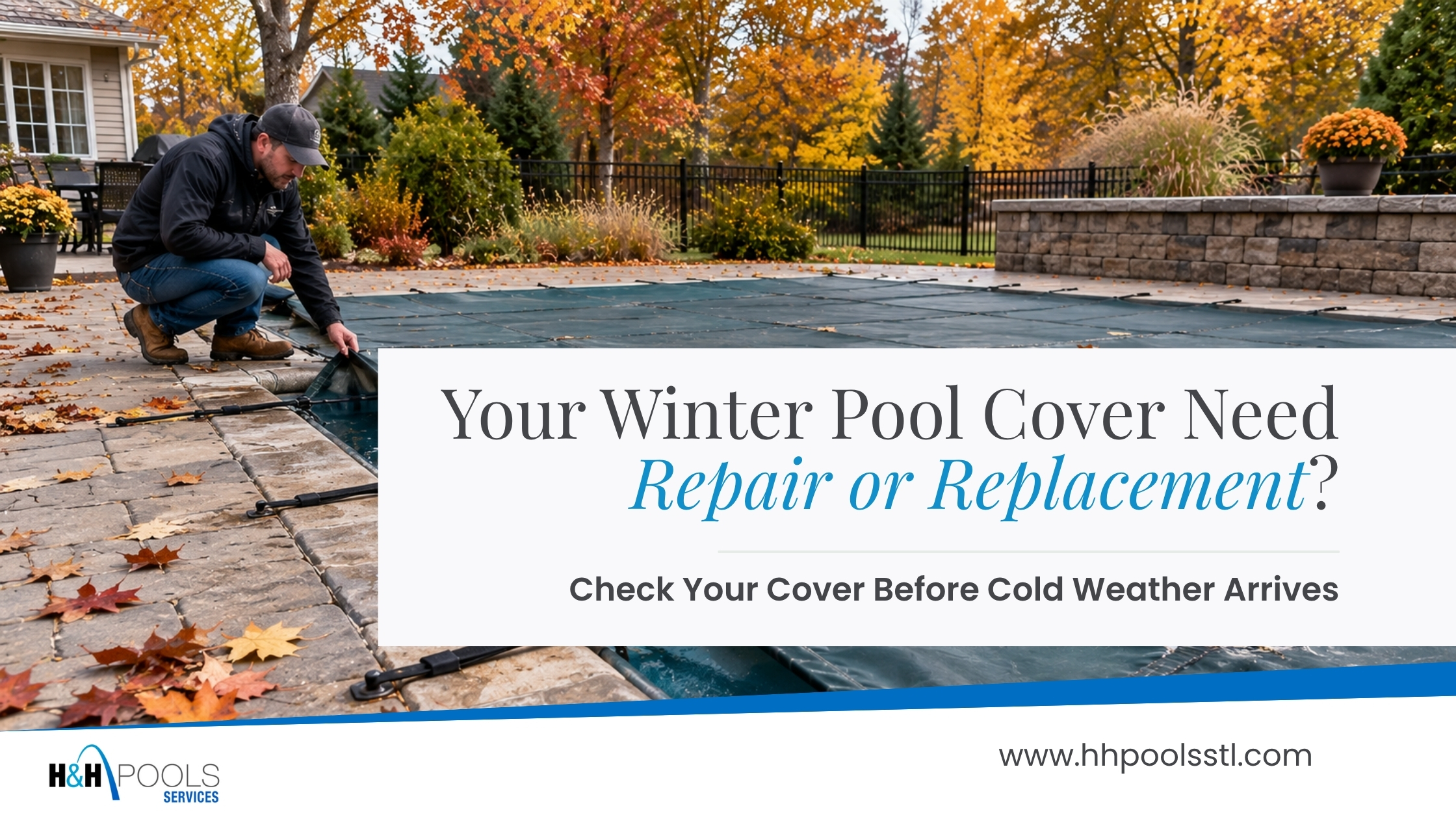 Pool professional inspecting a winter pool cover for repair or replacement before cold weather